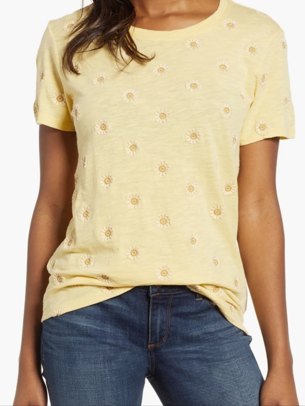 Lucky Brand Soft Cotton Yellow Embroidered Daisy Top